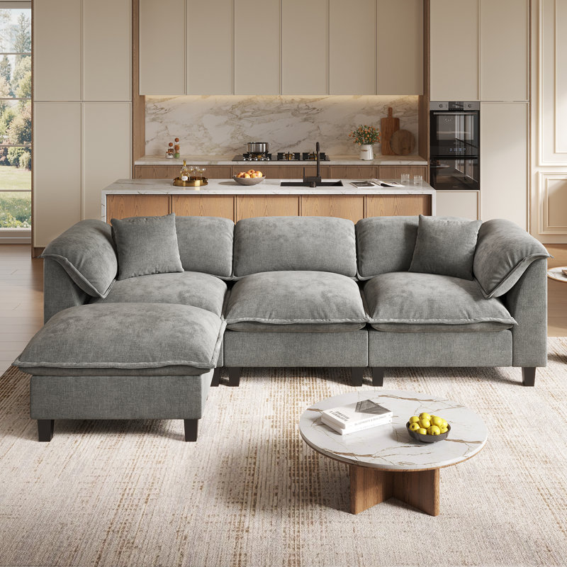  Modular Sectional Sofa With Movable Ottoman, L-shaped Couch With Removable Washable Cushion Covers, 9.8" Extra-thick Cushions, Tool-free Easy Assembly, Padded Armrests For Living Room, Gray