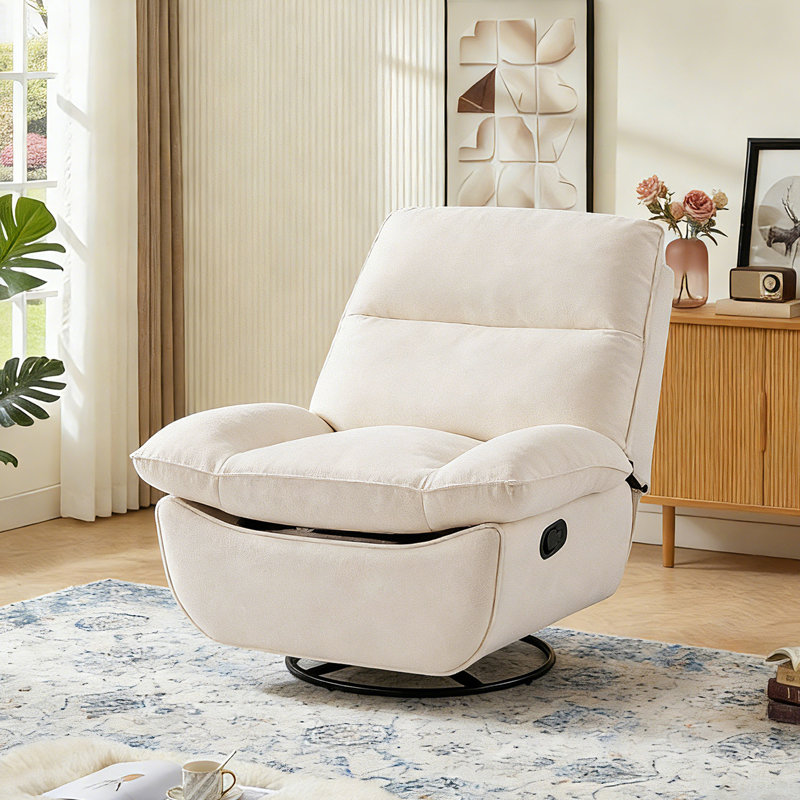 Cozy Chenille Wide Seat Swivel Recliner with Hidden Storage, Footrest, Beige