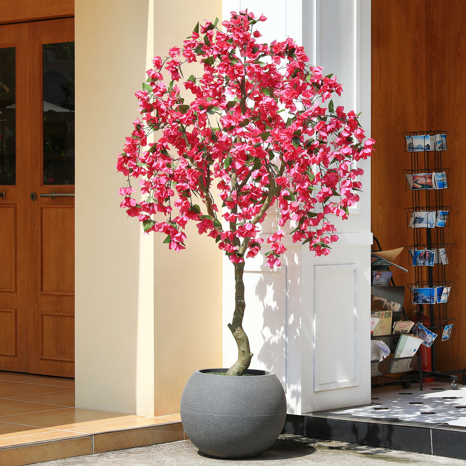 7ft UV Resistant Fake Bougainvillea Flowers Tree with Grey Tall Planter for Outdoor Decor