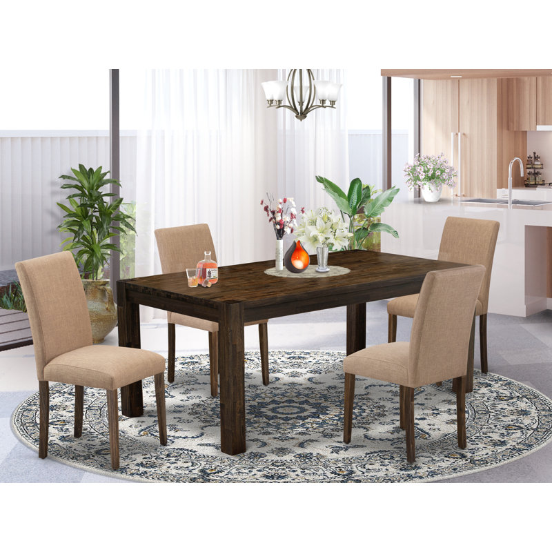 5 Piece Kitchen Table Set for 4 Includes a Rectangle Rustic Wood Dining Room Table and 4 Light Sable Linen Fabric Parsons Chairs, Jacobean