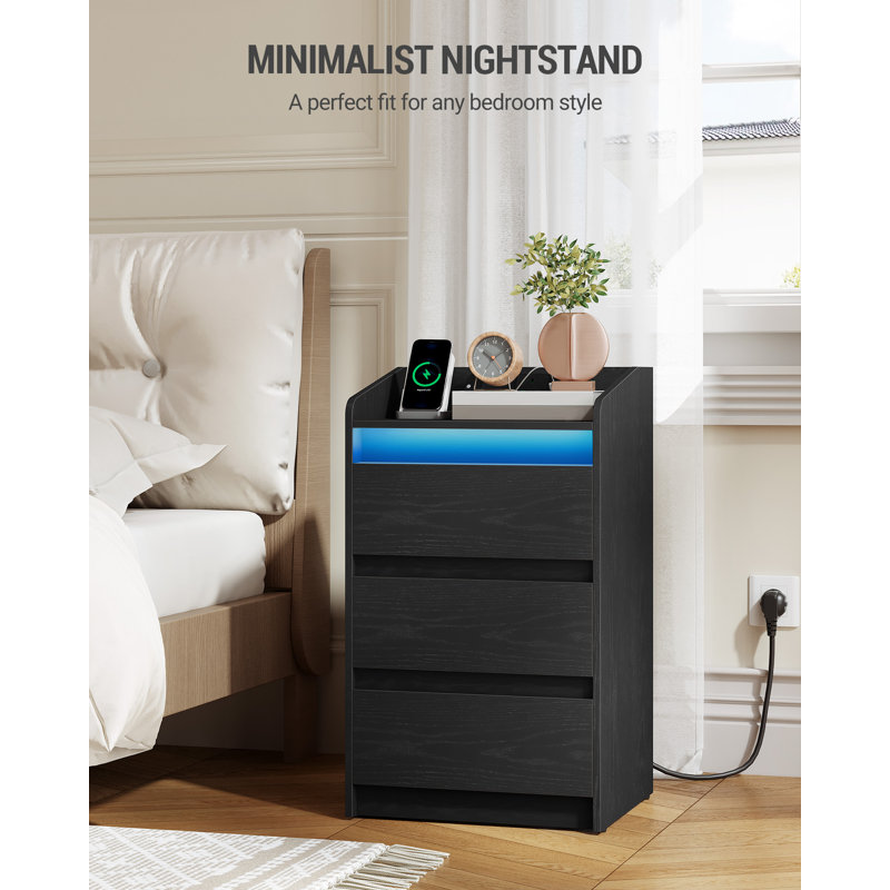 Bedside Tables Set of 2 with 3 Drawers, Bedside Cabinet, Side Table with Charging Station and LED, 2 AC and 2 USB Ports, Nightstand for Bedroom, Living Room, End table 