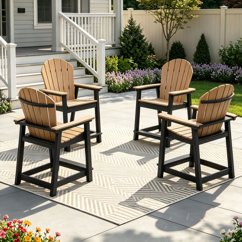 Outdoor HDPE Adirondack Chair Set of 4, Patio Bar Stools, Brown/Black