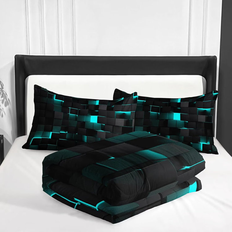 Teal Black Neon Geometric Comforter Set King Size,3 Piece Bed in a Bag,Abstract Square Plaid Check Bed Set for All Season