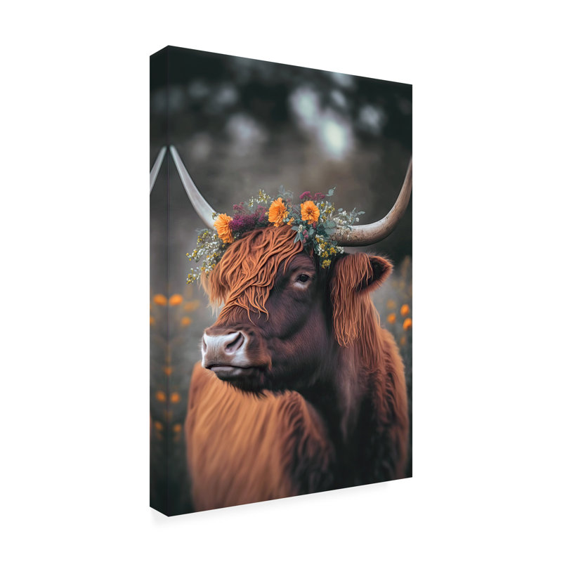 Hadlie Treechild Highland Cow avec fleurs sur toile, H 19 po x l 12 po x P 2 po
