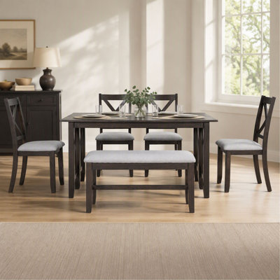 Ensemble de salle à manger familiale 6 pièces avec table pliante gain de place en bois massif, 4 chaises et banc