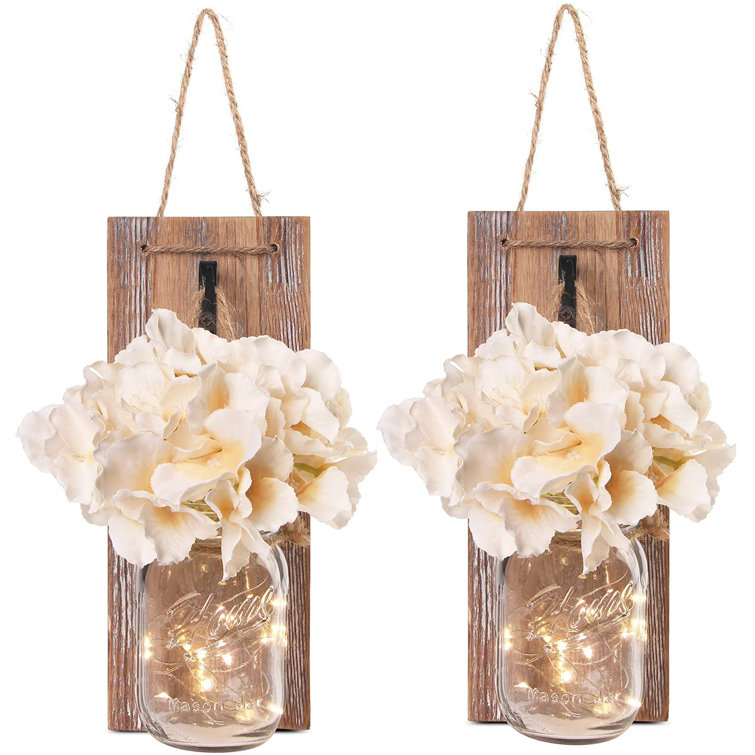 2-Pack Rustic Wall Sconces with Mason Jars, LED Lights, Flowers, Remote Control