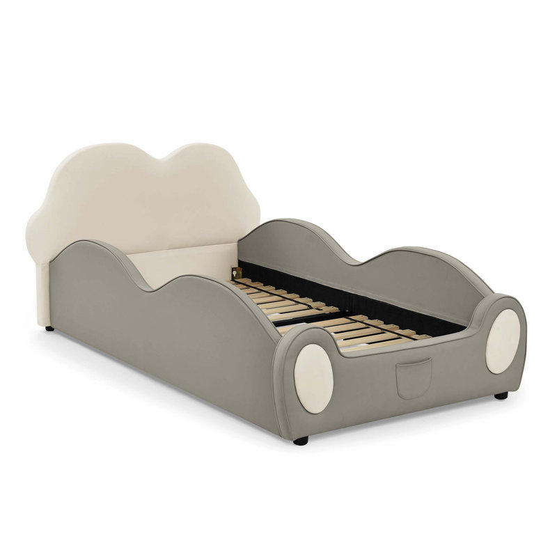 Lit simple mignon en forme de nuage pour enfants en cuir de polyuréthane avec garde-corps, lit pour tout-petits sécuritaire avec pochette de rangement beige et grise