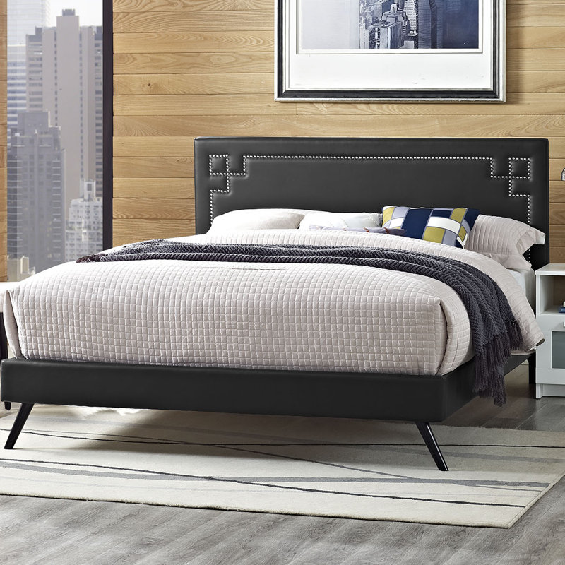 Modway Josie Vinyl Platform Bed with Round Splayed Legs, White, Queen