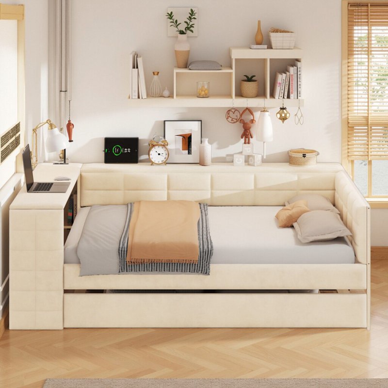 Lit plateforme multifonctionnel avec station de travail USB et lit gigogne escamotable, Beige