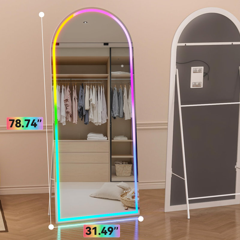 Arch LED RGB Bluetooth Full Length Mirror with Stand ＆ 7 Color Lighting Modes, Full Body Mirror with White Frame for Bedroom, Living Room, Dressing Room