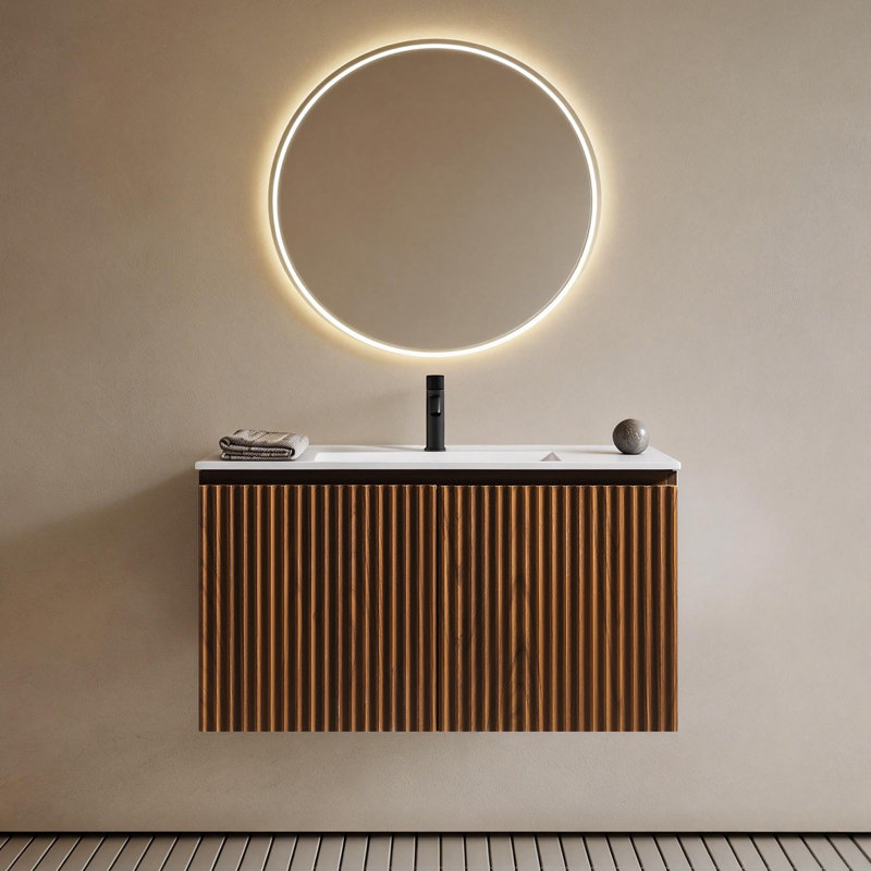 Meuble-lavabo suspendu Timbrx de 36 po avec lavabo intégré, Noyer, 36 po