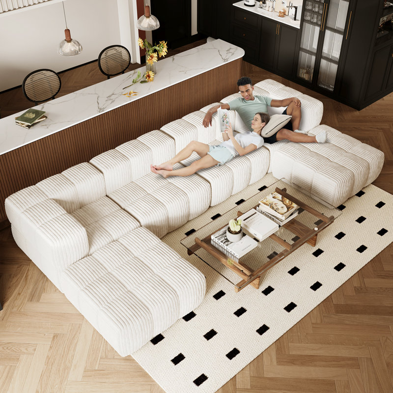 Modern Boneless Modular Sectional Sofa–Oversized Corduroy Couch with Deep Seating & Adjustable Configuration, Beige Corduroy