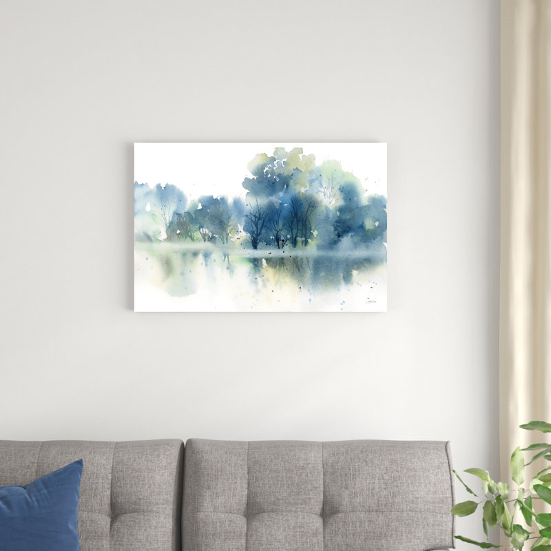 «Blue Pond Reflections» par Katrina Pete - peinture sur toile tendue, H 20 po x l 30 po, Toile tendue, Sans cadre