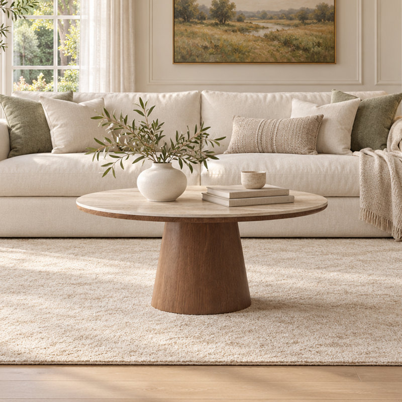 35.43" Mid Century Modern Round Wood Coffee Table with Beige Sintered Stone Table Top, Solid Wood Veneer
