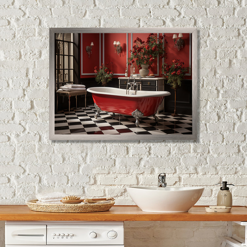 «Red Modern Bathroom Charm IV - Laundry», reproduction d'art sur toile, H 30 po x l 40 po x P 1,5 po, Cadre flottant blanc