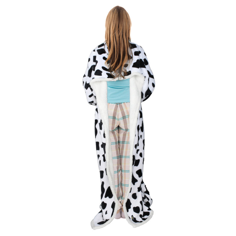 Catalonia Cow Print Sherpa Wearable Blanket with Sleeves and Foot Pockets