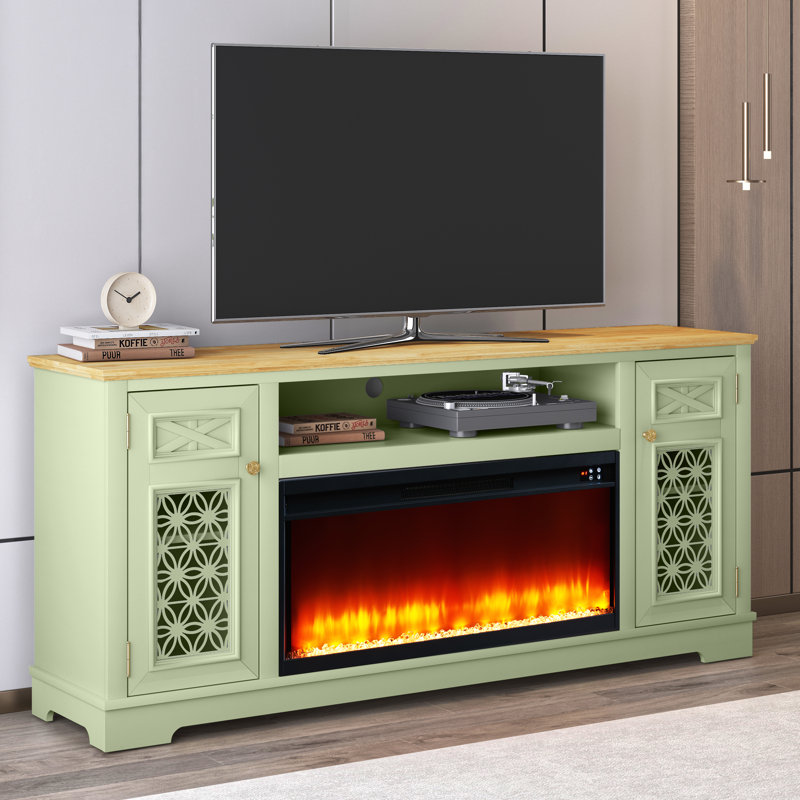 TV Stand with fireplace, Green/Natural