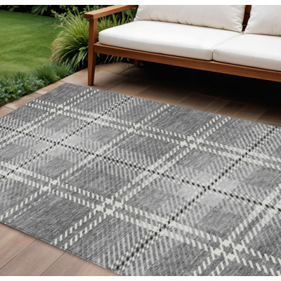 10' X 14' Gray Black And Ivory Plaid Washable Indoor Outdoor Area Rug