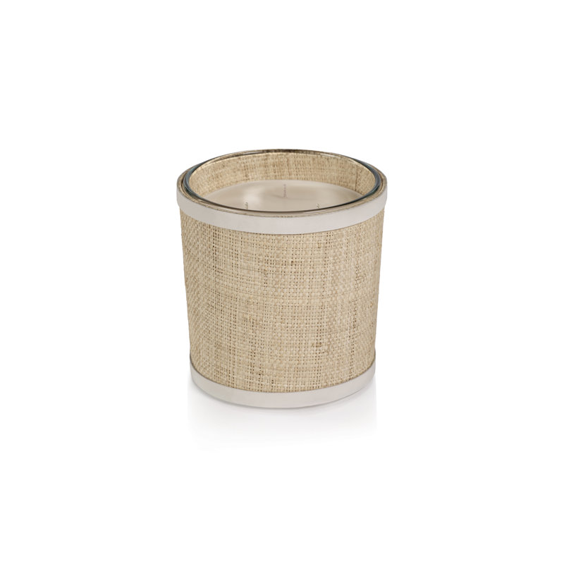 Bougie parfumée sel de mer et brume côtière dans un panier en raphia naturel avec garniture en cuir, L 4,75 po x l 4,5 po