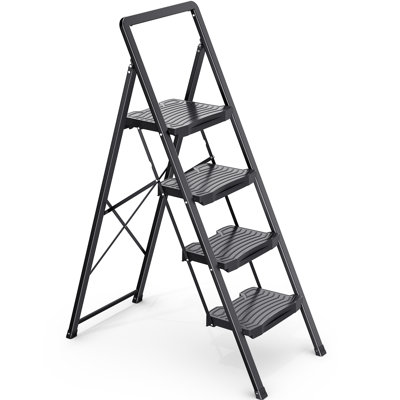 4 Step Ladder 800lb Capacity, Folding Step Stool with Wide Anti-Slip Pedal & Safety Handrails, Lightweight Steel Ladder