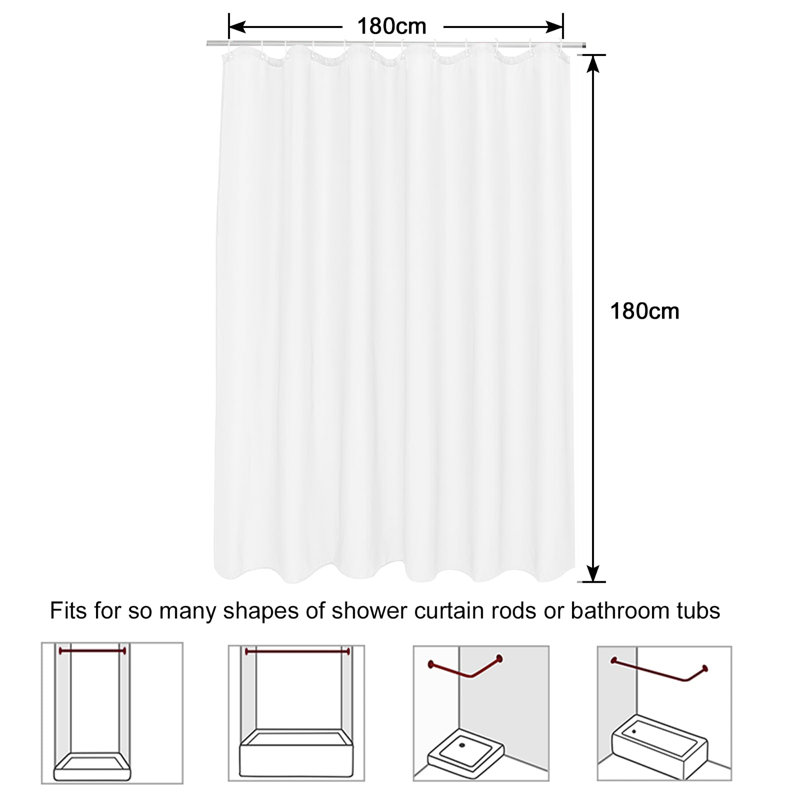 Bathroom Shower Curtain 180 x 180cm Drop with 12 Plastic Hooks, White