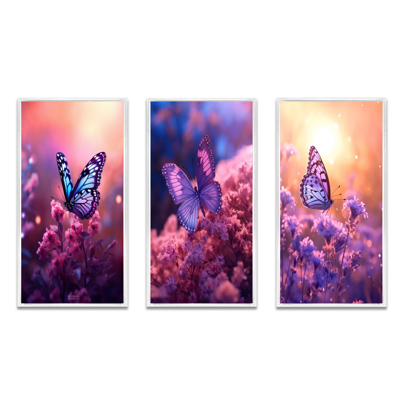 Pink Butterfly Wonderful Sunset III - Animals Butterfly Art Set Of 3 Pieces, Cadre blanc, H 20 po x l 36 po