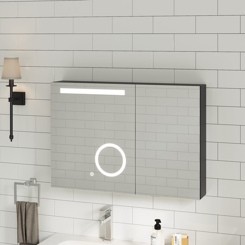 Modern LED Vanity Mirror Cabinet With Adjustable Lighting & Magnifying Mirror, 24" H x 35.8" W x 5.7" D