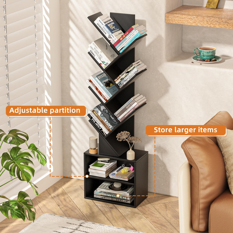 10-Shelf Tree-Design Bookcase, Bookshelf For Tight Spaces, Floor-Standing Storage Organizing Unit For Books, Tall Freestanding Bookcase Forhome Office
