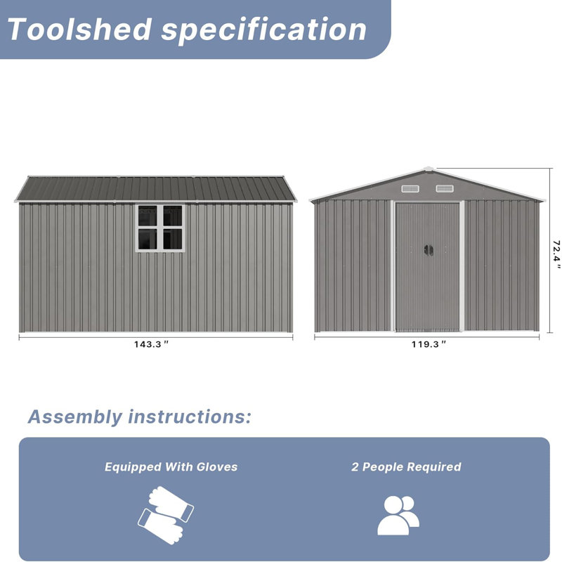 12' X 10' Durable Aluminum Frame Storage Shed With Lockable Sliding Doors & Ventilation