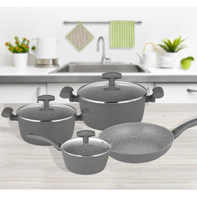Cooking pots and pans set 7 pcs. Grey Pots Frying Pan Saucepan Dishwasher Safe