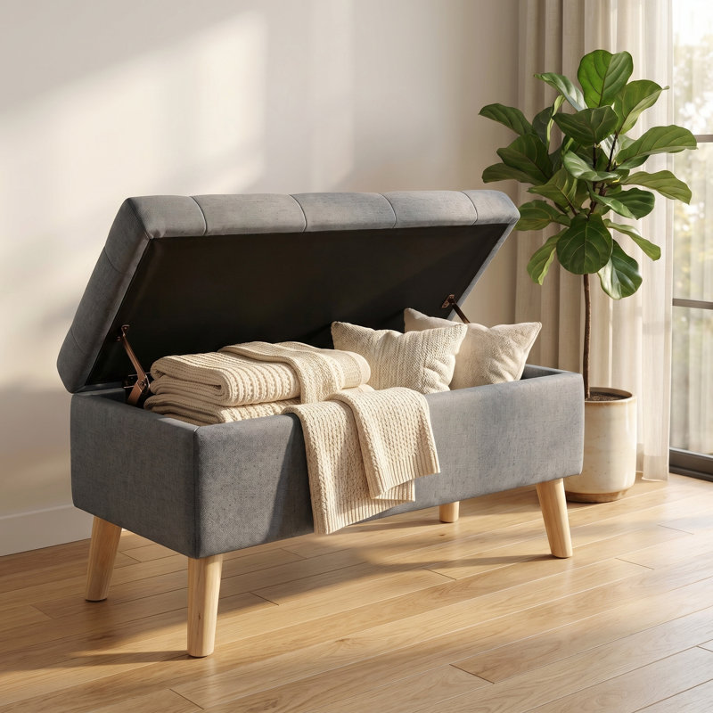 Banc de rangement avec repose-pieds avec revêtement en velours côtelé et pieds en bois