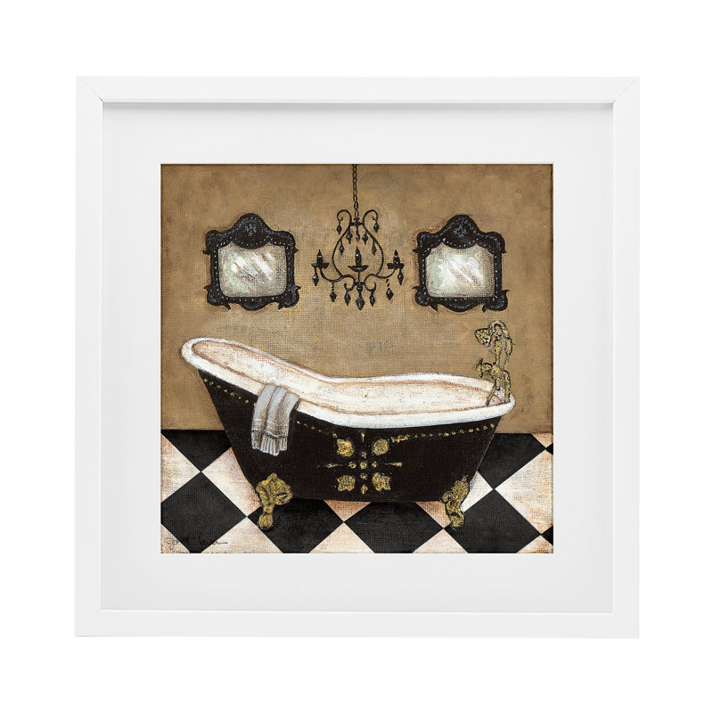 Élégante baignoire rétro imprimée sous verre, design par Janet Tava, H 13 po x l 13 po, Bord de mer blanc sous verre encadré
