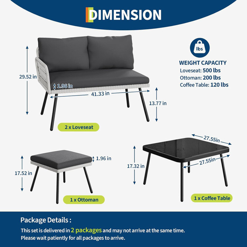 3-Piece Outdoor Sectional Sofa Set with Black PE Wicker & Gray Cushions, Tempered Glass Coffee Table, All-Weather Rattan Patio Furniture for Garden, Balcony
