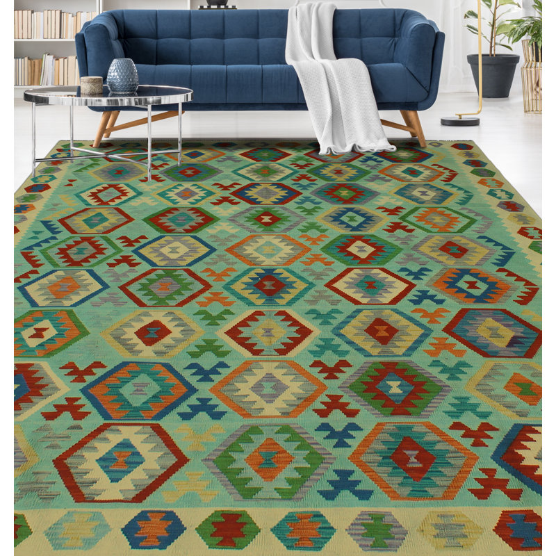 Tapis vert clair / jaune / rouge en laine noué à la main de conception unique 8 pi 3 po x 11 pi 6 po Jaleya