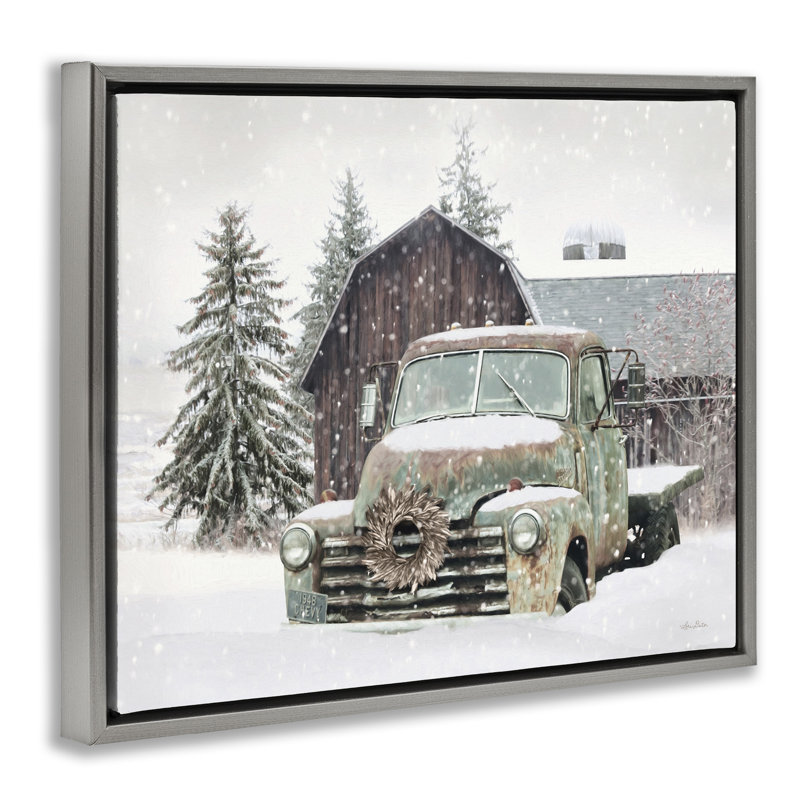 Camion et grange d'hiver rustique, Cadre flottant gris lustré, H 25 po x l 31 po