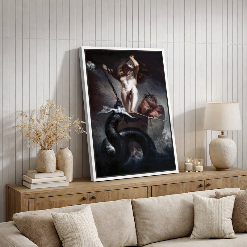 «Warrior Defeating Sea Serpent», œuvre d'art fantastique, images de bataille sombre, H 24 po x l 16 po x P 1,5 po