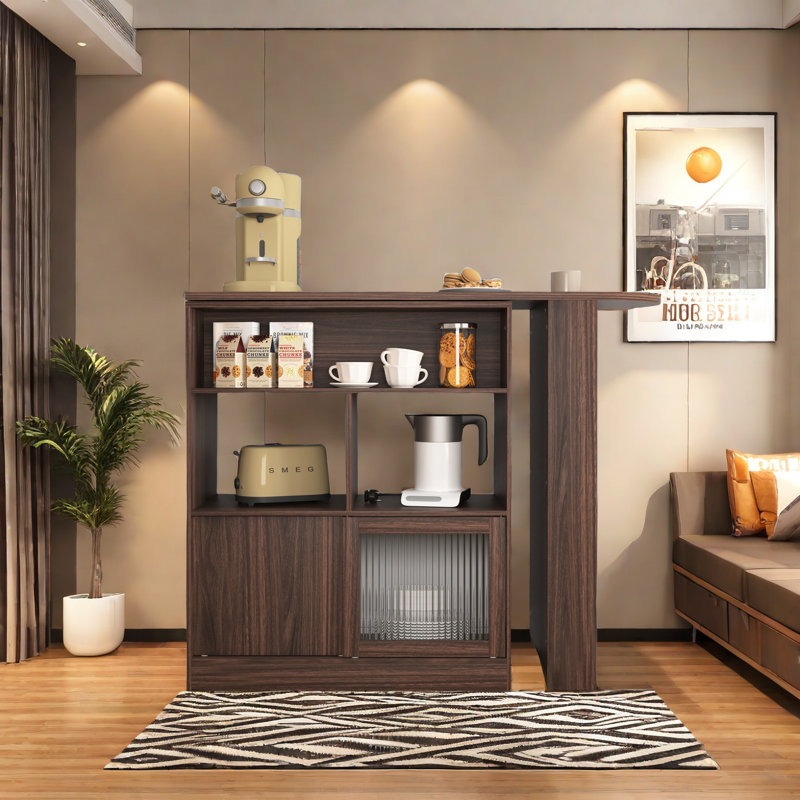 Modern Bar Cabinet With Rotating Top, Counter Height Dining Cabinet With Storage Space And Shelves