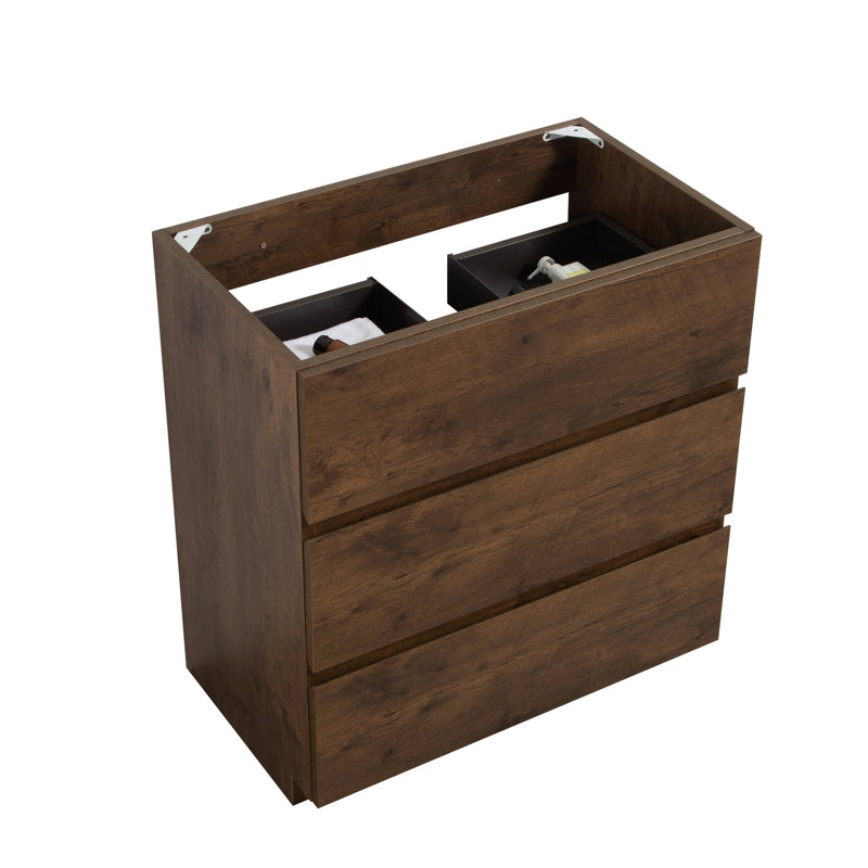 Armoire de plancher de style moderne 24F-105: noyer, 3 tiroirs, pré-assemblée, rangement maximal, fonctionnement silencieux et en douceur, poignée, aucun lavabo disponible Armoire 24F-105: finition noyer, attrayante, lisse