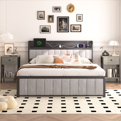 Ensemble de mobilier de chambre à coucher 3 pièces, cadre de lit plateforme en lin gris avec station de charge, ensemble de tête de lit avec rangement moderne et 2 tables de chevet, ensemble de mobilier de chambre à coucher, aucun sommier nécessaire
