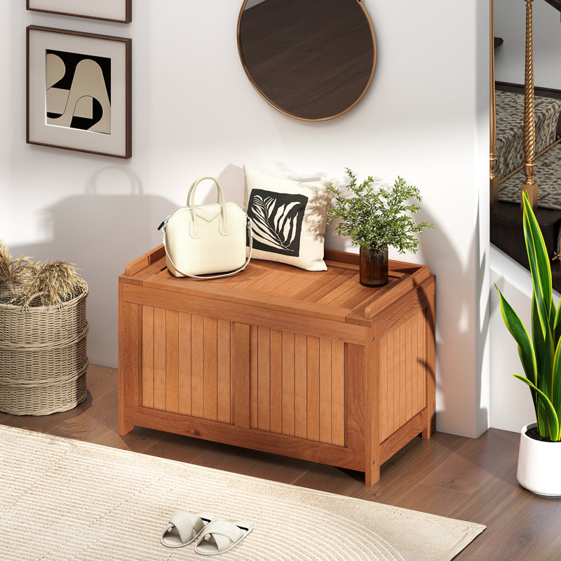 52 Gallon Wood Deck Box with Flip Top Teak Oil Finish Pool Supplies Cushions