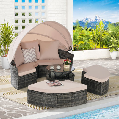5 lits de jour pour patio avec auvent, coussins moelleux, table, pour la détente dans la cour, cadre solide lavable 5 pièces, espace de loisirs extérieur