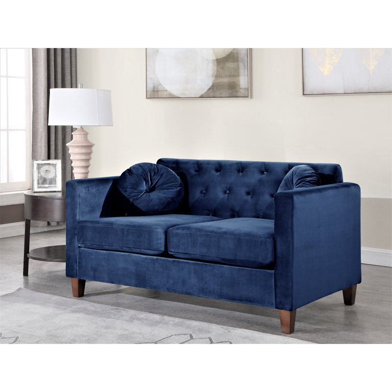 59" Velvet Square Arm Loveseat, Dark Blue