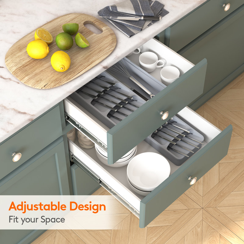 Rangement pour ustensiles, range-ustensiles compact pour tiroir de cuisine, range-couverts et couverts extensibles, porte-couteaux en plastique réglable, porte-couteaux, gris