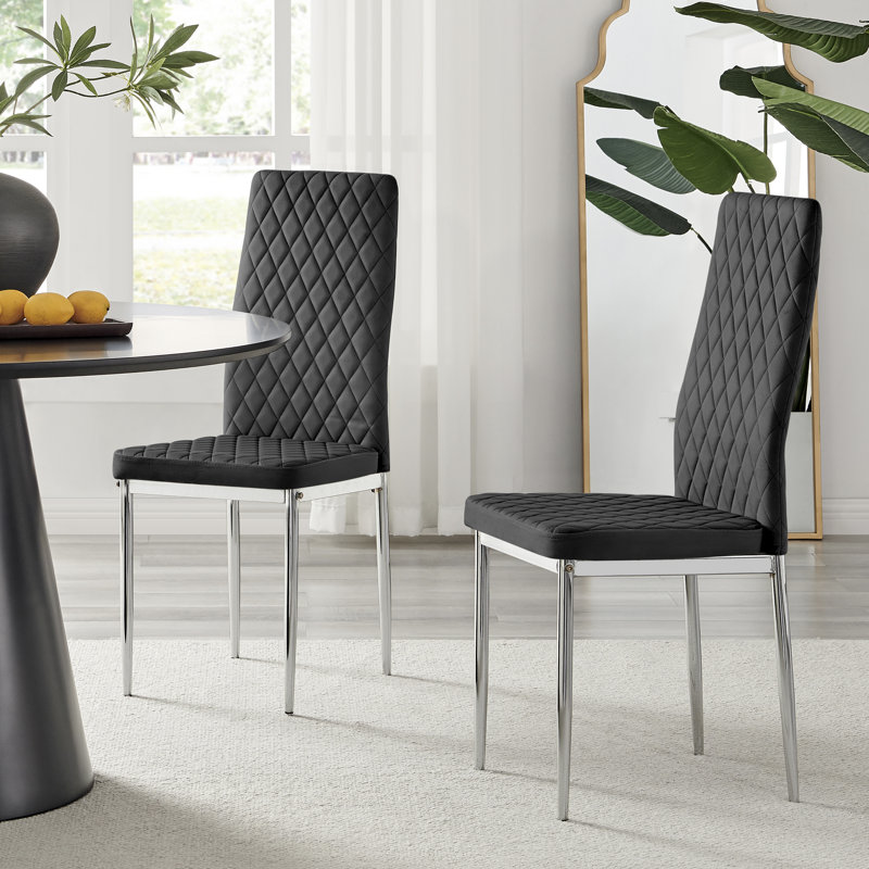 Keensburg Luxury Velvet Modern Tall Back Dining Chairs with Metal Legs & Diamond Stitching, Silver, Black