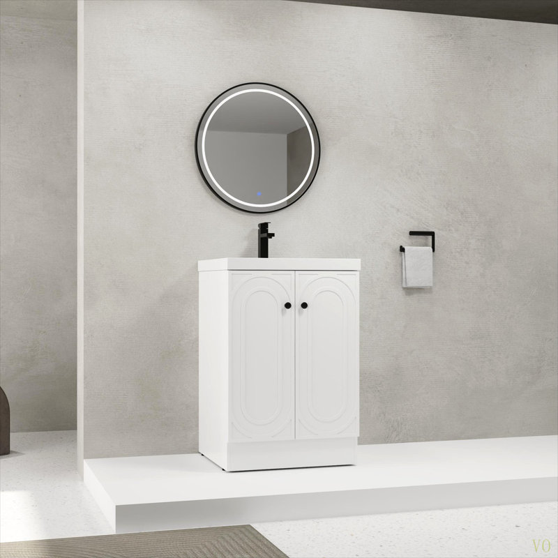 Meuble-lavabo autoportant 24 po avec lavabo en résine et 2 portes d'armoire à fermeture en douceur (emballage KD), Blanc
