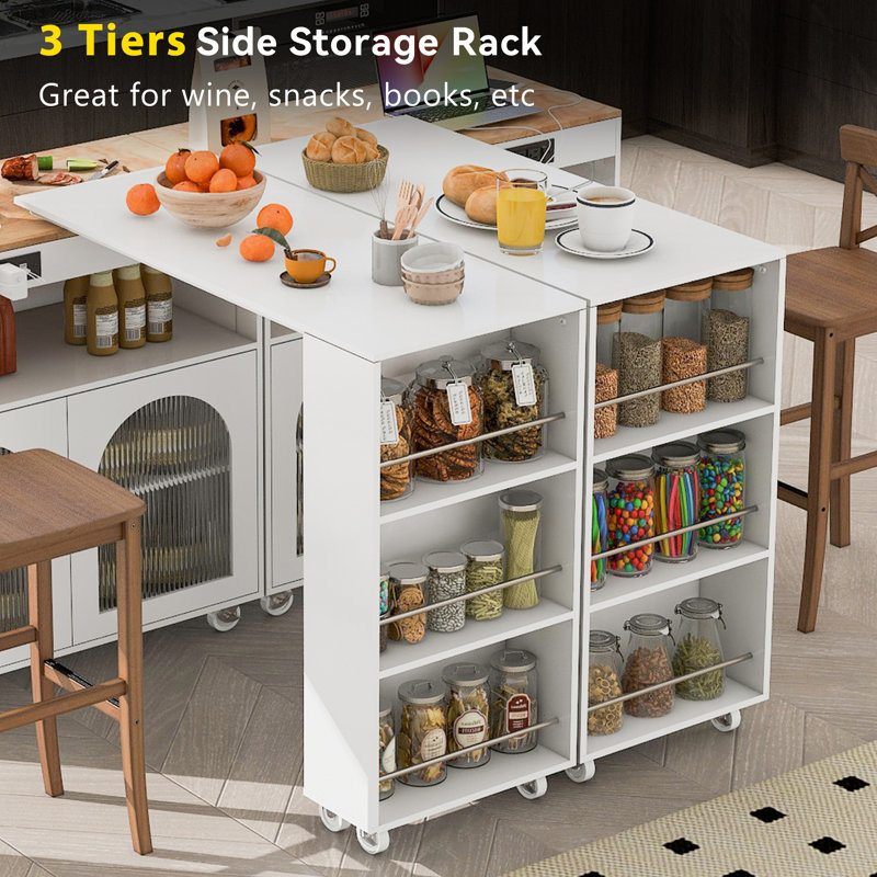 Rolling Kitchen Island with Extendable Table Modern Kitchen Cart Power Outlets & LED Light Mobile Kitchen Prep Station for Small Apartments,White