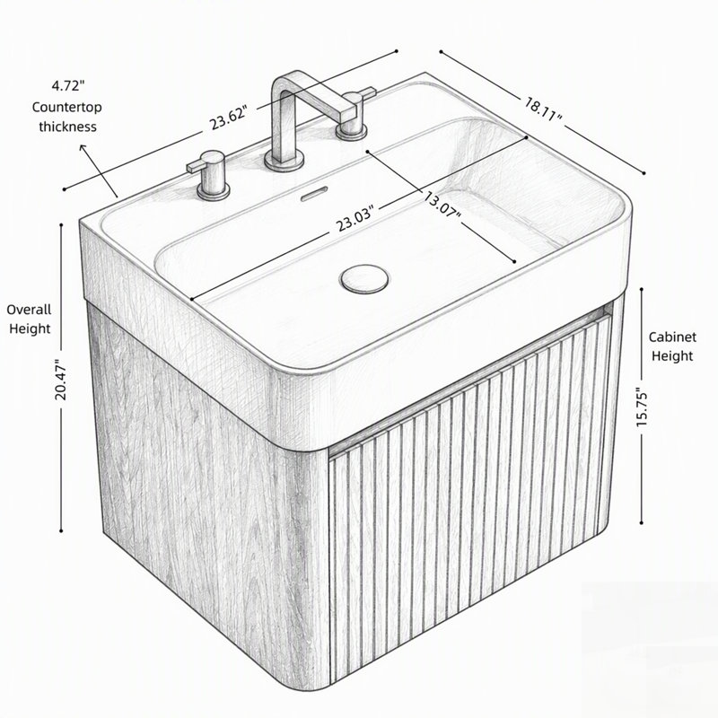Meuble-lavabo suspendu avec lavabo intégré en surface solide et armoire de rangement en bois de noyer pour espaces modernes