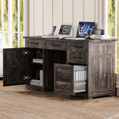 Bureau de direction Brody avec station de charge et prise de courant, 5 tiroirs, armoire et tiroir classeur