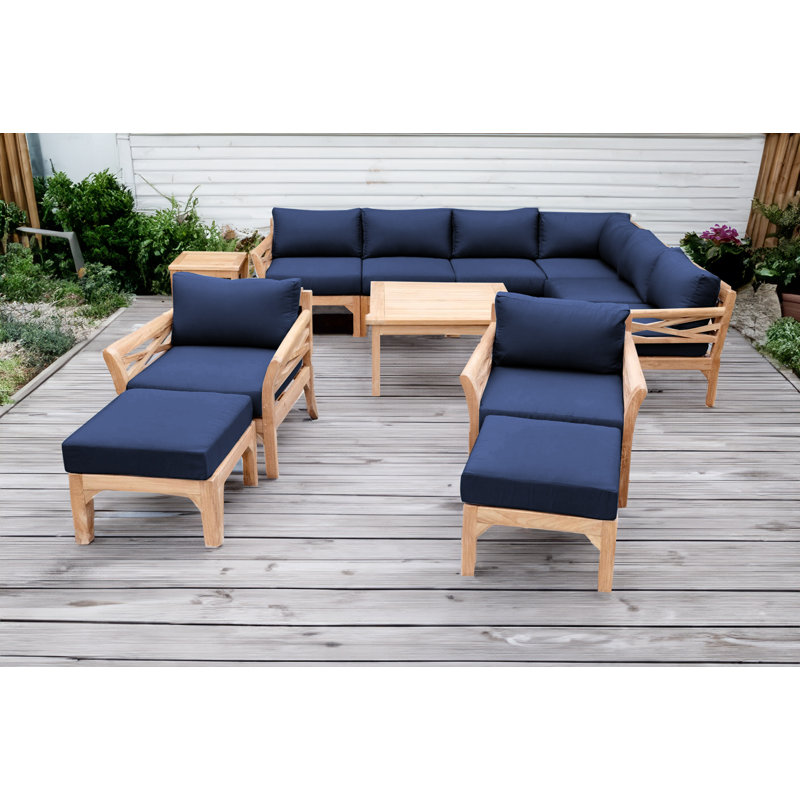 Monterey Outdoor Teak Conversation Set, 5 Pcs:  Sectional,Chair,Cushion,Table,Ottoman, Navy