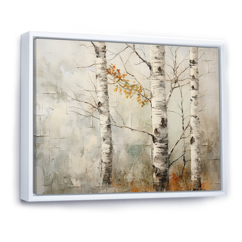 Beauté de bois de bouleau argent et beige sur toile, H 34 po x l 44 po x P 1,5 po, Cadre flottant blanc